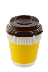 White and yellow coffee paper cup isolated with clipping path.