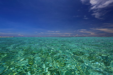 Colorful view of turquoise water of Indian Ocean surface and blue sky. Beautiful background. Maldives.