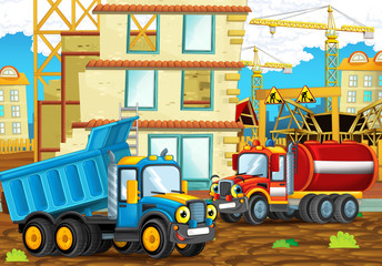 cartoon scene with happy industry cars on the construction site - illustration for children