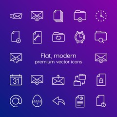 Modern Simple Set of folder, time, files, email Vector outline Icons. Contains such Icons as  time,  web,  paper, business,  confidential and more on gradient background. Fully Editable. Pixel Perfect