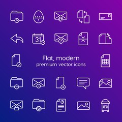 Modern Simple Set of folder, time, files, email Vector outline Icons. Contains such Icons as  rotation,  email, unknown, change,  chat and more on gradient background. Fully Editable. Pixel Perfect