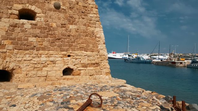 Establishing shot of the famous Venetian Koules Fortress in Heraklion, Crete, Greece