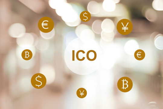 ICO, Initial Coin Offering, icon on a virtual screen over blur background, banner Cryptocurrency, Bitcoin and ICO Digital Electronic Trade Market Stock Index concept