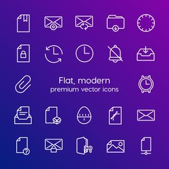 Modern Simple Set of folder, time, files, email Vector outline Icons. Contains such Icons as  update, security,  business, private,  book and more on gradient background. Fully Editable. Pixel Perfect