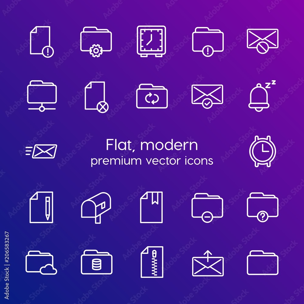 Poster modern simple set of folder, time, files, email vector outline icons. contains such icons as email, 