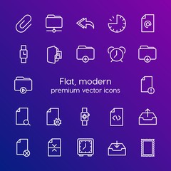 Modern Simple Set of folder, time, files, email Vector outline Icons. Contains such Icons as hour, folder,  receive,  clip, envelope and more on gradient background. Fully Editable. Pixel Perfect
