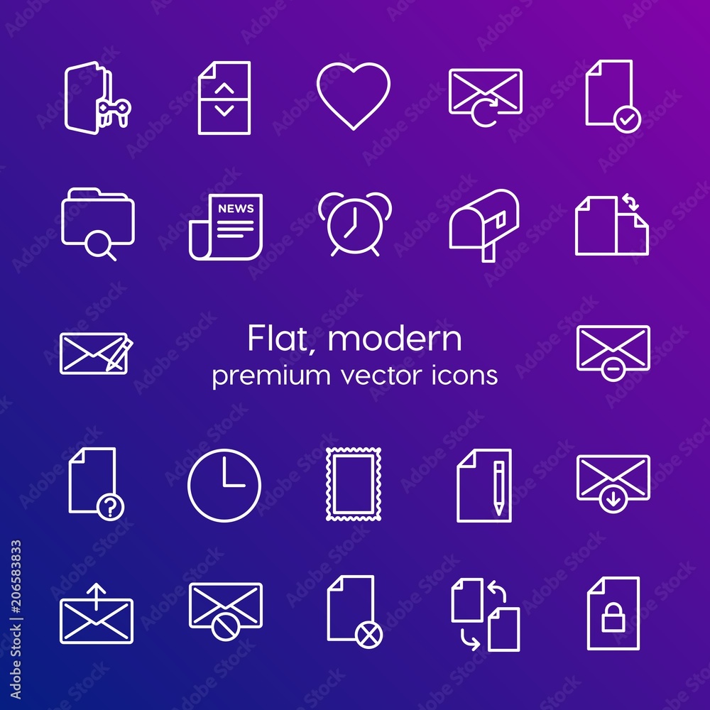 Poster modern simple set of folder, time, files, email vector outline icons. contains such icons as clock, 