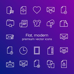 Modern Simple Set of folder, time, files, email Vector outline Icons. Contains such Icons as  clock,  lock,  game, file, change,  folder and more on gradient background. Fully Editable. Pixel Perfect