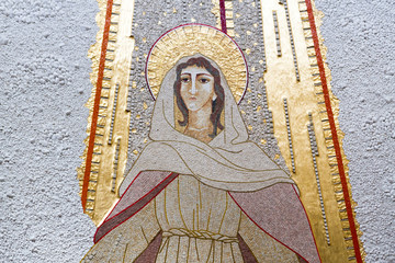 Caklov, Slovakia. 13 May 2018. The mosaic of the Assumption of Virgin Mary. The parish church of the Assumption of Virgin Mary.