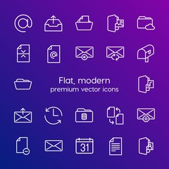 Modern Simple Set of folder, time, files, email Vector outline Icons. Contains such Icons as  copy, data,  letter,  folder, change,  text and more on gradient background. Fully Editable. Pixel Perfect