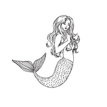 Mermaid, hand drawn outline doodle sketch, black and white vector illustration