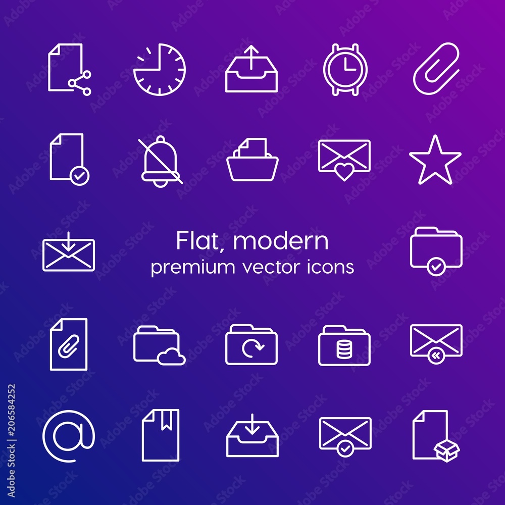 Poster modern simple set of folder, time, files, email vector outline icons. contains such icons as clip, c