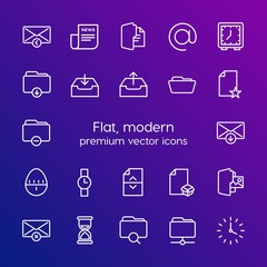 Fototapeta na wymiar Modern Simple Set of folder, time, files, email Vector outline Icons. Contains such Icons as data, box, close, newspaper, business and more on gradient background. Fully Editable. Pixel Perfect