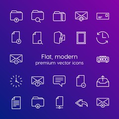 Modern Simple Set of folder, time, files, email Vector outline Icons. Contains such Icons as  answer,  message,  connection, change,  web and more on gradient background. Fully Editable. Pixel Perfect