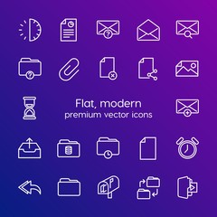 Modern Simple Set of folder, time, files, email Vector outline Icons. Contains such Icons as mail,  folder,  time, business,  email, time and more on gradient background. Fully Editable. Pixel Perfect