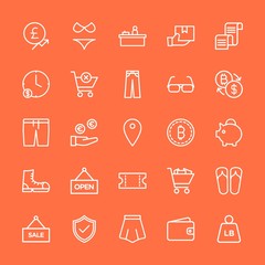 Modern Simple Set of clothes, money, shopping Vector outline Icons. Contains such Icons as  cash, home,  desk,  vacation,  girl, cash and more on orange background. Fully Editable. Pixel Perfect.