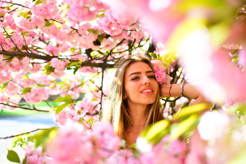 Obraz na płótnie Canvas Lovely blond girl holding branch of cherry blossom. Pretty young woman posing on natural background next to blooming flowers with pink petals, spring concept