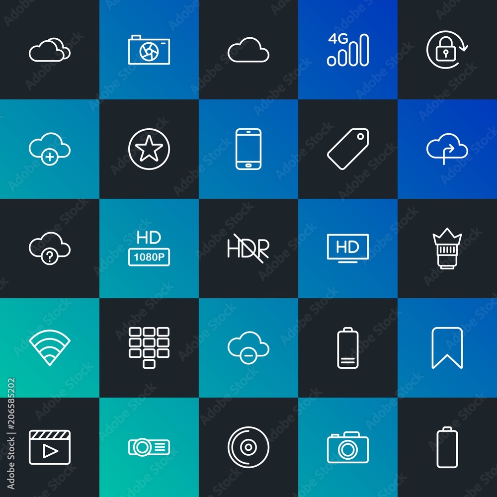 Poster modern simple set of cloud and networking, mobile, video, photos, bookmarks vector outline icons. co
