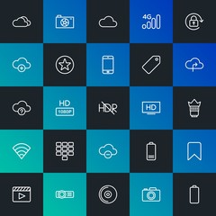 Modern Simple Set of cloud and networking, mobile, video, photos, bookmarks Vector outline Icons. Contains such Icons as  and more on dark and gradient background. Fully Editable. Pixel Perfect.