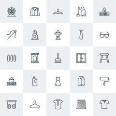 Modern Simple Set of clothes, buildings, housekeeping Vector outline Icons. Contains such Icons as  wheel, architecture,  gasoline, fashion and more on white background. Fully Editable. Pixel Perfect.