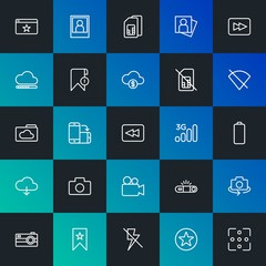 Modern Simple Set of cloud and networking, mobile, video, photos, bookmarks Vector outline Icons. Contains such Icons as  and more on dark and gradient background. Fully Editable. Pixel Perfect.