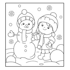 Coloring Page Outline Of cartoon girl making snowman. Winter. Coloring book for kids