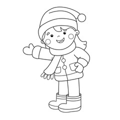 Coloring Page Outline Of cartoon girl. Winter. Coloring book for kids