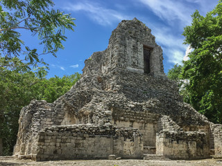 Ancient Maya ruin in Xpujil, Campeche, Mexico sitting in the middle of the jungle