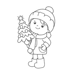 Coloring Page Outline Of girl with Christmas tree. Christmas. New year. Coloring book for kids