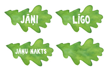Graphic clip art for Latvian midsummer festival. Oak leaves and holiday titles in Latvian language: 