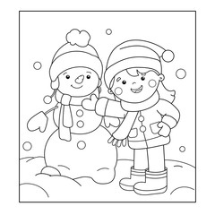 Coloring Page Outline Of cartoon girl making snowman. Winter. Coloring book for kids