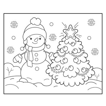 Coloring Page Outline Of snowman with Christmas tree. Christmas. New year. Coloring book for kids
