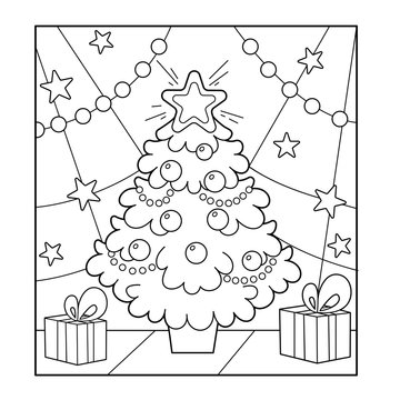Christmas tree with ornaments and gifts. Christmas. New year. Coloring book for kids. Coloring Page