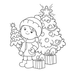 Coloring Page Outline Of girl with gifts and Christmas tree. Christmas. New year. Coloring book for kids