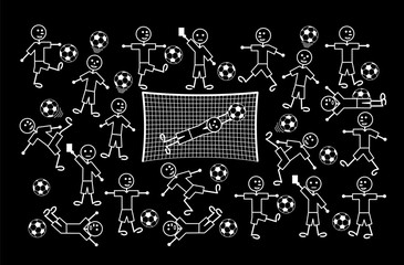 Composition of cartoon drawings of players and referees. Football or soccer. Positive black and white background. Vector graphics.
