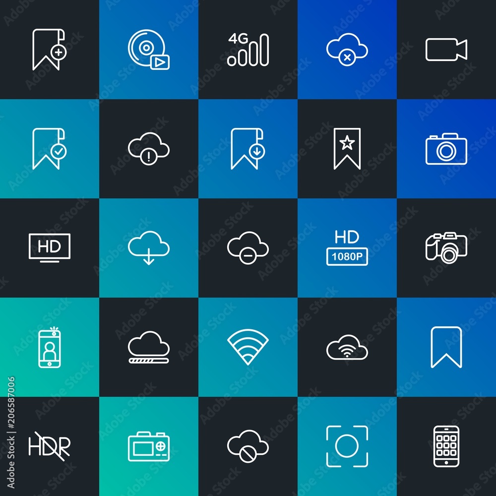 Poster modern simple set of cloud and networking, mobile, video, photos, bookmarks vector outline icons. co