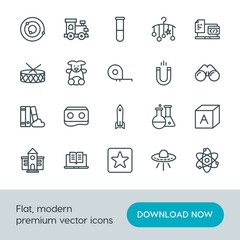 Modern Simple Set of science, education, kids and toys Vector outline Icons. Contains such Icons as  train, abc,  vr,  ebook,  laboratory and more on white background. Fully Editable. Pixel Perfect.