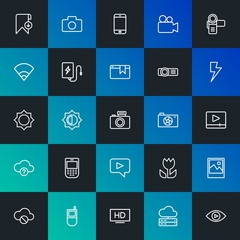 Modern Simple Set of cloud and networking, mobile, video, photos, bookmarks Vector outline Icons. Contains such Icons as  and more on dark and gradient background. Fully Editable. Pixel Perfect.
