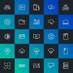 Modern Simple Set of cloud and networking, mobile, video, photos, bookmarks Vector outline Icons. Contains such Icons as  and more on dark and gradient background. Fully Editable. Pixel Perfect.
