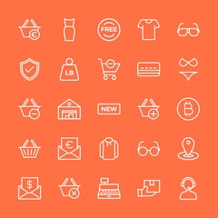 Modern Simple Set of clothes, money, shopping Vector outline Icons. Contains such Icons as template,  fashion,  purchase,  center, map and more on orange background. Fully Editable. Pixel Perfect.