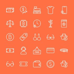 Modern Simple Set of clothes, money, shopping Vector outline Icons. Contains such Icons as cashier,  banking,  credit,  mobile,  discount and more on orange background. Fully Editable. Pixel Perfect.