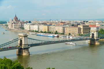 Cityscape  view on a Szechenyi chain bridge and Pest bank in Budapest, Hungary