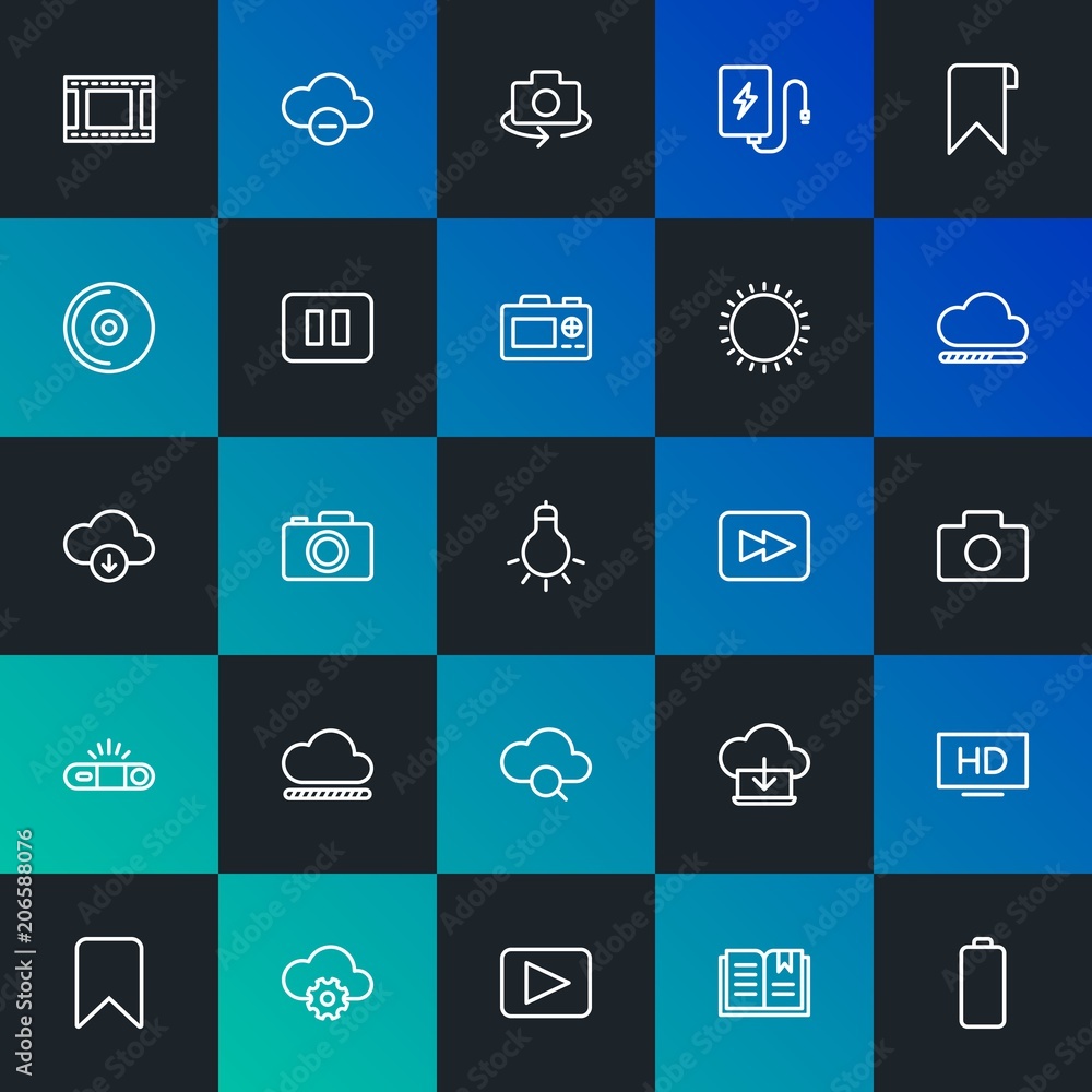Poster modern simple set of cloud and networking, mobile, video, photos, bookmarks vector outline icons. co
