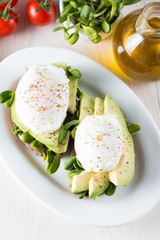 Avocado toast, cherry tomato on wooden background. Breakfast with toast avocado, vegetarian food, healthy diet concept. Healthy sandwich with avocado and poached eggs.