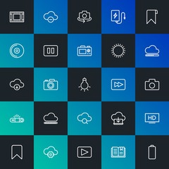 Modern Simple Set of cloud and networking, mobile, video, photos, bookmarks Vector outline Icons. Contains such Icons as  and more on dark and gradient background. Fully Editable. Pixel Perfect.