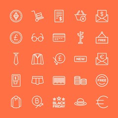 Modern Simple Set of clothes, money, shopping Vector outline Icons. Contains such Icons as  growth,  post, button,  christmas, currency and more on orange background. Fully Editable. Pixel Perfect.