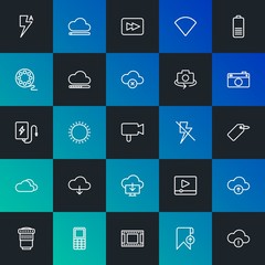 Modern Simple Set of cloud and networking, mobile, video, photos, bookmarks Vector outline Icons. Contains such Icons as  and more on dark and gradient background. Fully Editable. Pixel Perfect.