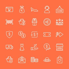 Modern Simple Set of clothes, money, shopping Vector outline Icons. Contains such Icons as  gift,  cash,  female,  holiday,  object,  coin and more on orange background. Fully Editable. Pixel Perfect.