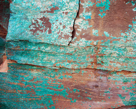 Green patina on sandstone in the Bears Ears wilderness of the Southern Utah desert