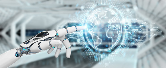 White robot hand using globe network hologram with America Usa map 3D rendering